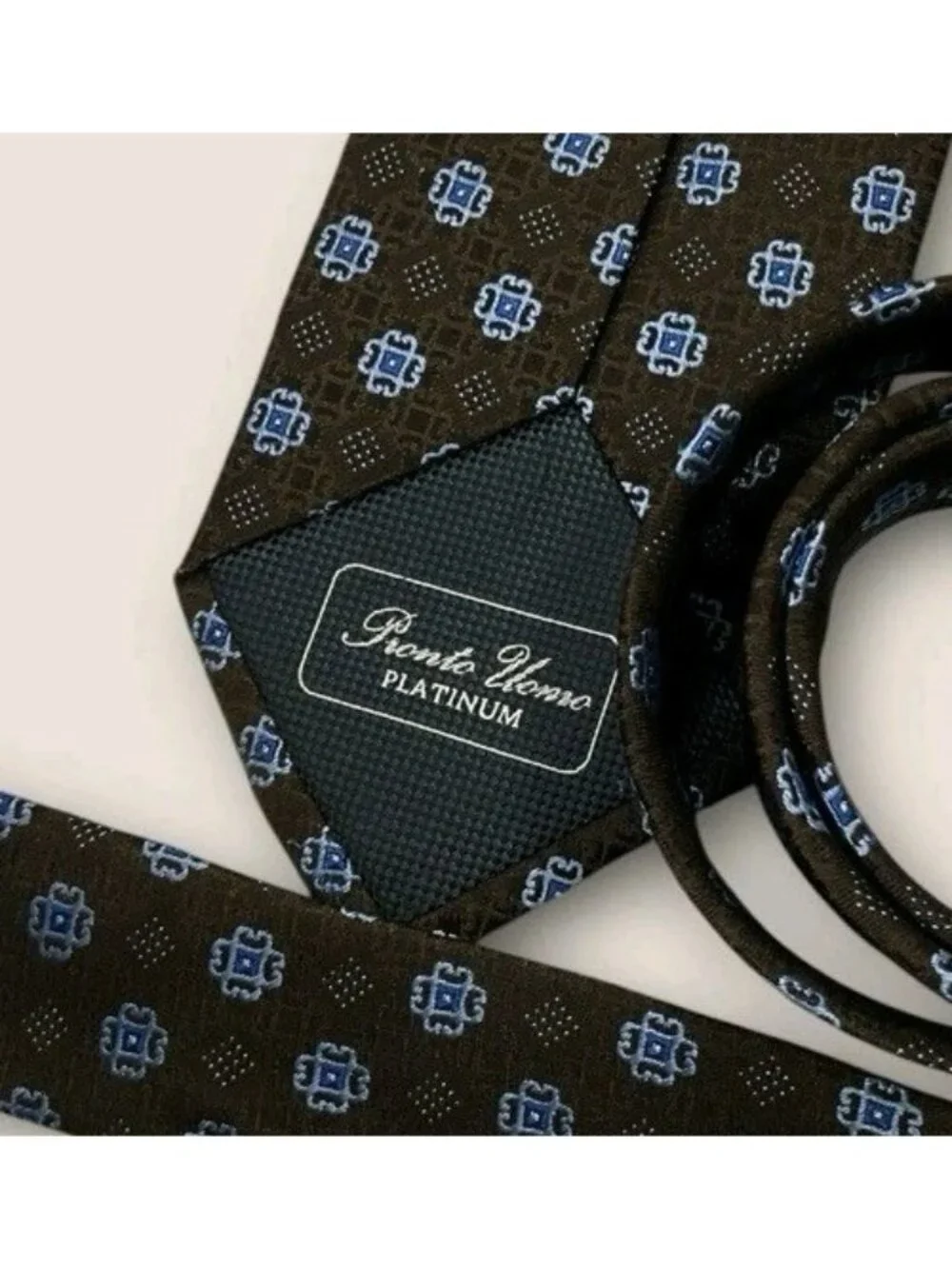 PRONTO UOMO Silk Tie XL Brown Blue Geometric W:3.2
